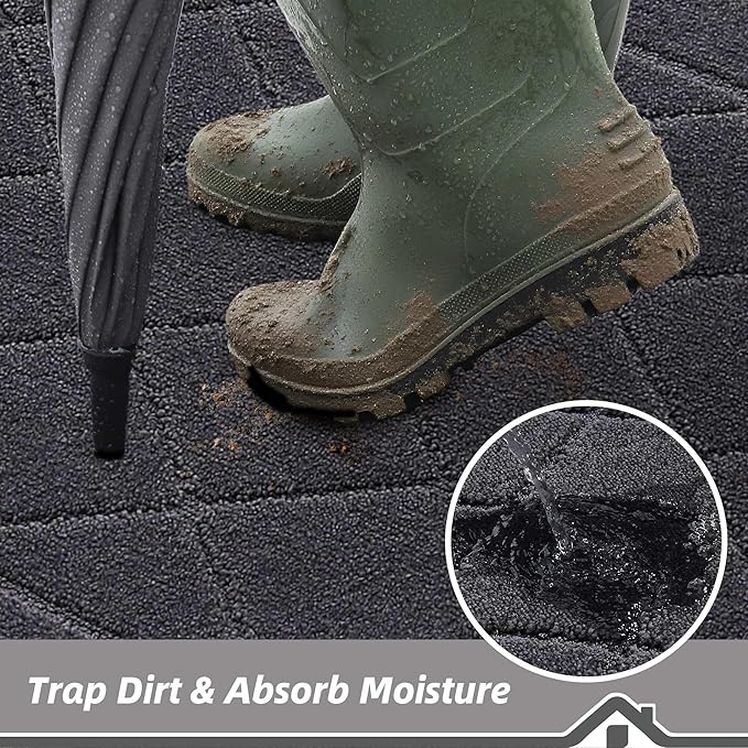 BEQHAUSE Dirt Trapper Door Mat 24" x 36", Doormat Non-Slip Entryway Rugs Washable, Dog Door Mat Stain Resistant and Absorbent Welcome Floor Mat for Front Back Door, Muddy Wet Shoes & Paws, Dark Grey