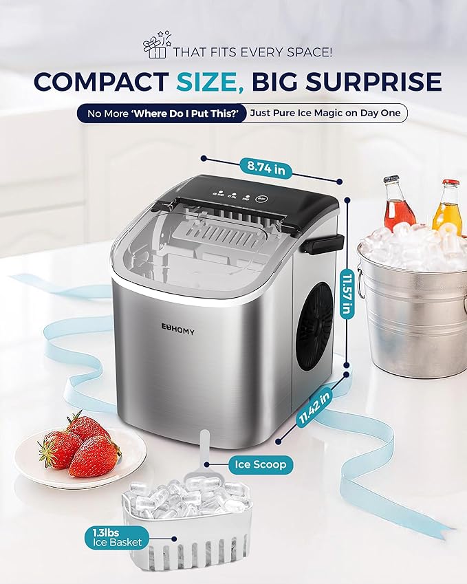 EUHOMY Countertop Ice Maker Machine with Handle, 26lbs Per Day, 9 Ice Cubes Ready in 6 Mins, Auto-Cleaning Portable Ice Maker with Basket and Scoop, for Home/Kitchen/Camping/RV (Silver)