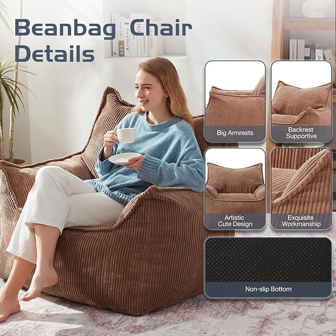 Giant Bean Bag Chair Sofa for Adults Teens, Comfy Corduroy Large Bean Bag Chairs with Armrests for Bedroom Living Room, Adult BeanBag Lazy Sofa Couch Chairs with Filler Included