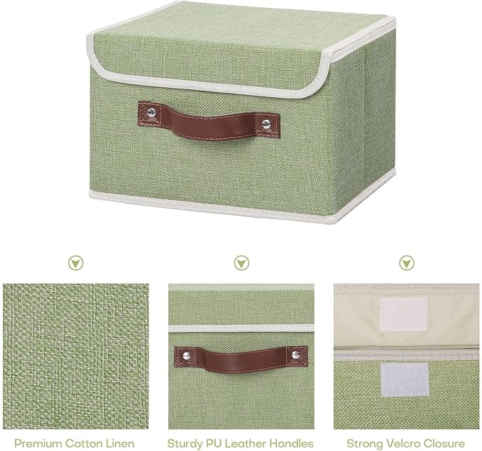 ANMINY 4PCS Storage Bins with Lid PU Leather Handles Storage Boxes PP Plastic Board Decorative Foldable Lidded Cotton Linen Fabric Home Cubes Baskets Closet Organizer Containers - Green, Small Size