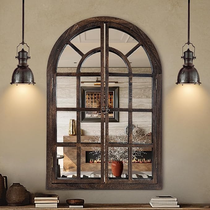 Arched Wall Mirror with Window Design, 38"x26" Rustic Farmhouse Wood Mirror for Wall Decor, Decorative Vintage Arch Mirror for Living Room, Bedroom, Entryway