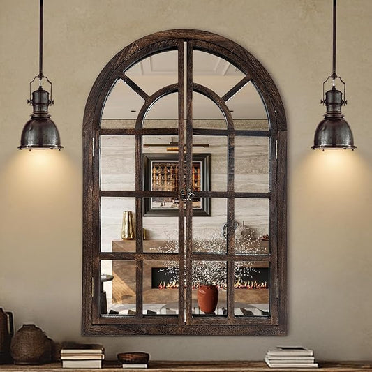 Arched Wall Mirror with Window Design, 38"x26" Rustic Farmhouse Wood Mirror for Wall Decor, Decorative Vintage Arch Mirror for Living Room, Bedroom, Entryway