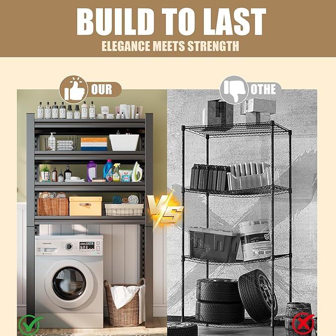 Over Washer and Dryer Shelves,4 Tiers Laundry Room Standing Shelf,Laundry Room Storage Organization,Adjustable Metal Shelving Unit,35" W x 12" D x 63" H, Black