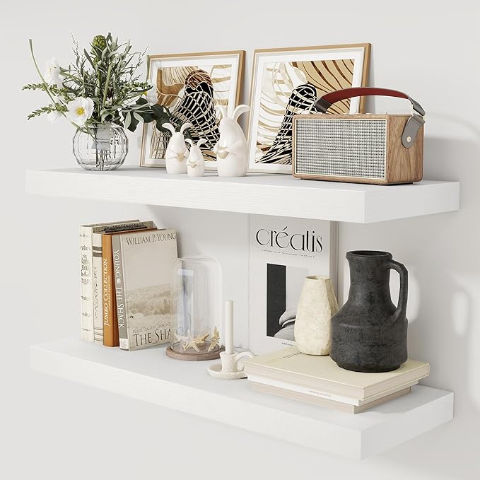 White Floating Shelves 36 Inch Long, 12 Inch Deep Floating Shelves for Wall, 36 x 12 Shelves for Wall Storage & Display, 2" Thick Floating Shelf for Bathroom, Living Room, Bedroom, Set of 2