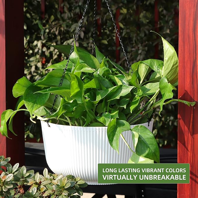 Dexceder 8.75 Inch Self Watering Hanging Planters Indoor Outdoor, Thickened Hanging Basket Flower Plant Pot (2 Pack, White)