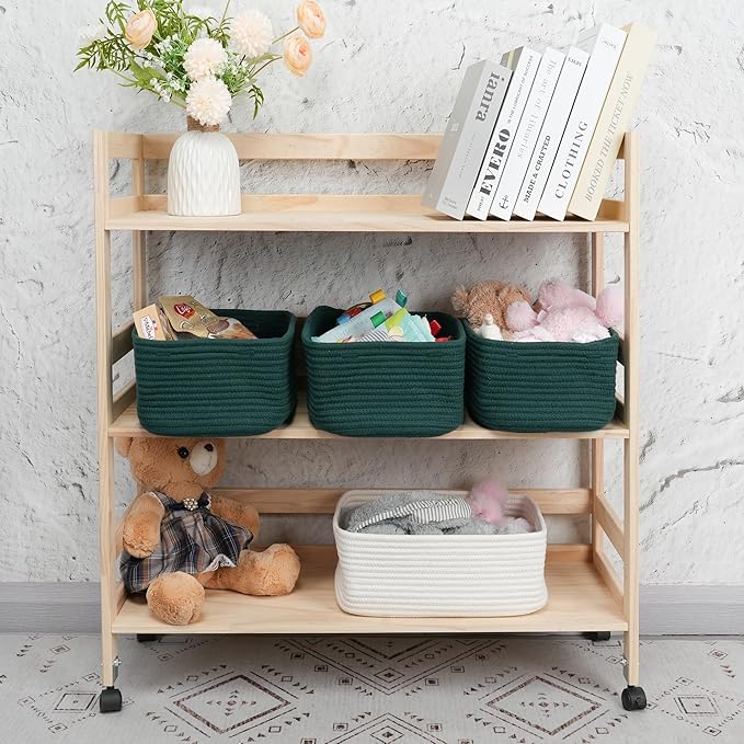 Small Woven Storage Baskets 13“X9”X5“ Decorative Rope Bins for Organizing Shelves, Closets, and Toys, Empty Gift Baskets, Cute Organizer Basket for Home and Office (dark green, Large)