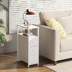 TUTOTAK Narrow Night Stand with Charging Station, Slim End Table with Plugins, Tall Side Table with 3 Fabric Drawer, Small Bedside Table with Storage, Living Room, Bedroom, White TB01BW086