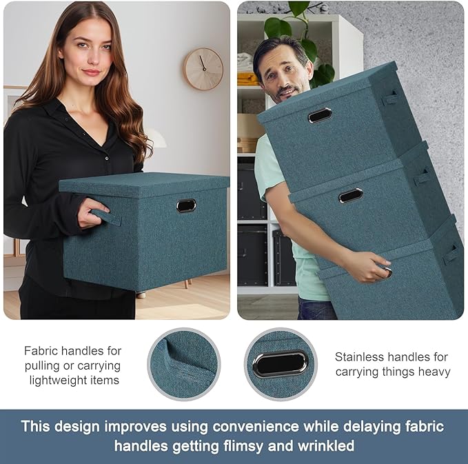 Large 17" 36 Quart Collapsible Stackable Storage Bins with Lids, 3 Packs Blue-Green Linen Fabric Closet Boxes with Lids, Storage Cube Baskets Container Organizers for Bedroom (17x12x11)