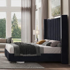 Jocisland Queen Size Bed Frame with 58" Tall Headboard, Velvet Upholstered Platform Bed with Channel Tufted Wingback Headboard and Plating Trim, No Box Spring Needed, Black