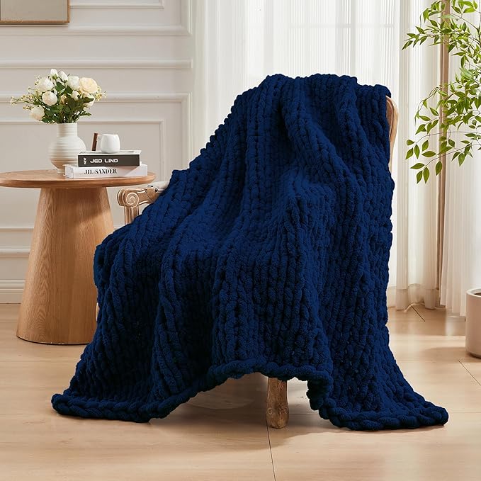 Carriediosa Chunky Knit Throw Blanket 50" X 60", 100% Hand Made Large Chenille Loop Yarn Soft Fluffy Throws for Couch Sofa Bed, Big Crochet Cozy Heavy Thick Cable Woven Blankets, Navy Blue