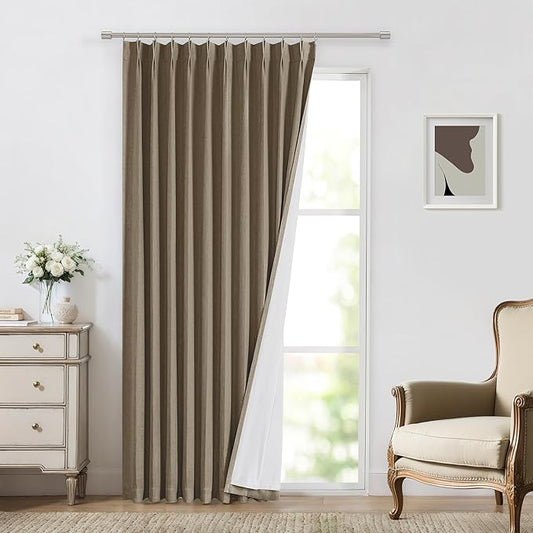 Vision Home Brown Pinch Pleated Full Blackout Curtains Linen Blended 60" Wide Thermal Insulated Window Panels 108 inch for Bedroom Living Room Darkening Pleat Drapes with Hooks Back Tab 60" Wx108 Lx1