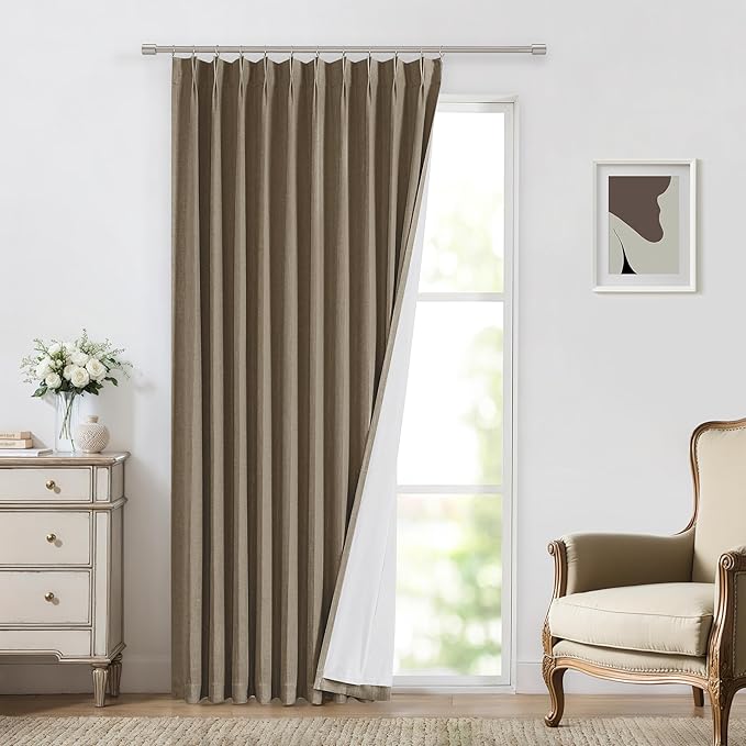 Vision Home Brown Pinch Pleated Full Blackout Curtains Linen Blended 60" Wide Thermal Insulated Window Panels 102 inch for Bedroom Living Room Darkening Pleat Drapes with Hooks Back Tab 60" Wx102 Lx1