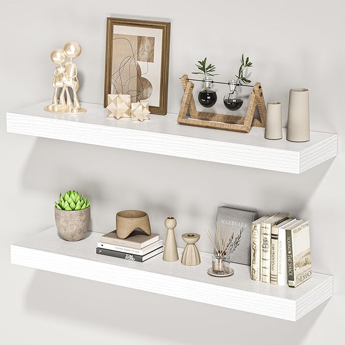 Floating Shelves for Wall, 31.5" W x 6.7" D x 1.5" H, Wooden Wall Mounted Display Shelves with Invisible Brackets for Living Room, Bedroom, Bathroom, Kitchen Decor and Storage, Set of 2, White