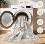 Washable Area Rugs for Living Room - 5x7 Neutral Vintage Distressed Floral Farmhouse Boho Large Soft Floor Rug Indoor Non Slip Carpet for Living Room Bedroom Dining Room Office - Blue Brown