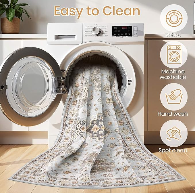 Washable Area Rugs for Living Room - 7x9 Neutral Vintage Distressed Floral Farmhouse Boho Large Soft Floor Rug Indoor Non Slip Carpet for Living Room Bedroom Dining Room Office - Blue Brown