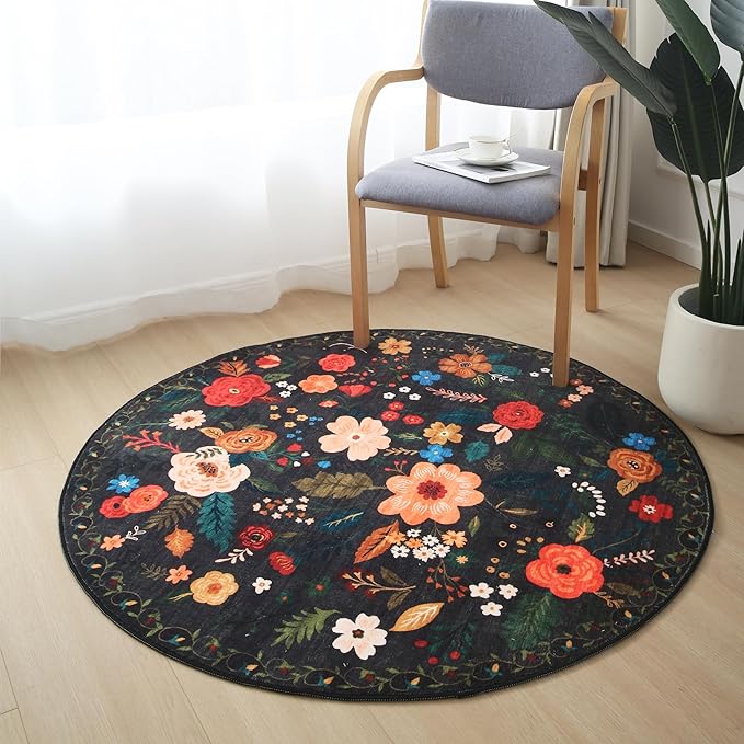 Round Rug 6ft Washable Circle Rug Non Slip Low Pile Boho Floral Small Circular Rug for Bedroom, Bathroom, Entryway, Kids Room, Office, College Dorm(Black)