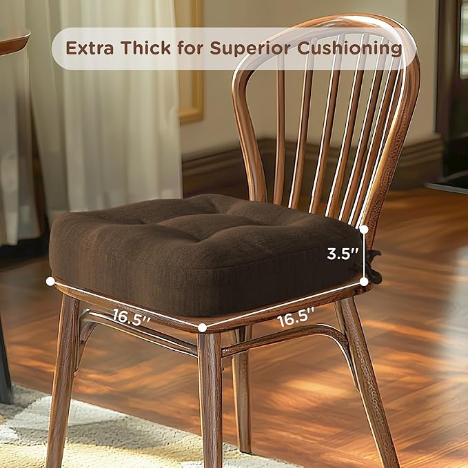 Codi Dining Chair Cushions 4 Pack, Thick Chairs Pads for Indoor Kitchen Room - Washable, Non-Slip Seat Cushion with Ties, 16.5"x16.5"x 3.5", Set of 4, Brown