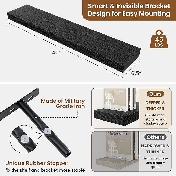 fuqing Floating Shelves for Wall, Bathroom Shelf Wall Mounted for Storage, Shelves with Invisible Bracket for Bedroom, Kitchen, Living Room, Farmhouse Small Book Shelf, 40 Inch Set of 2, Black