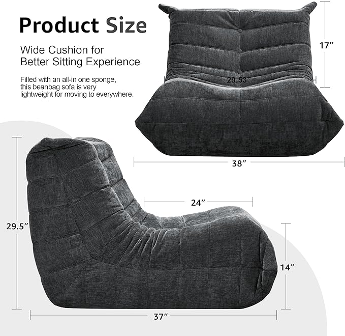 Bean Bag Chairs for Adults Giant Bean Bag Chair Memory Foam BeanBag Chair Big Bean Bag Sofa with Filler Faux Fur Fireside Beanbags Lazy Sofa for Living Room Bedroom Dorm Office (Darkgrey Chenille)
