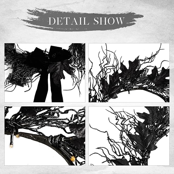JORNOY 16inch LED Halloween Wreath with Battery Timer - Black Artificial Leaves&Silk Ribbon Decor Hanging for Front Door, Mantel, Porch, Wall, Party Decorations