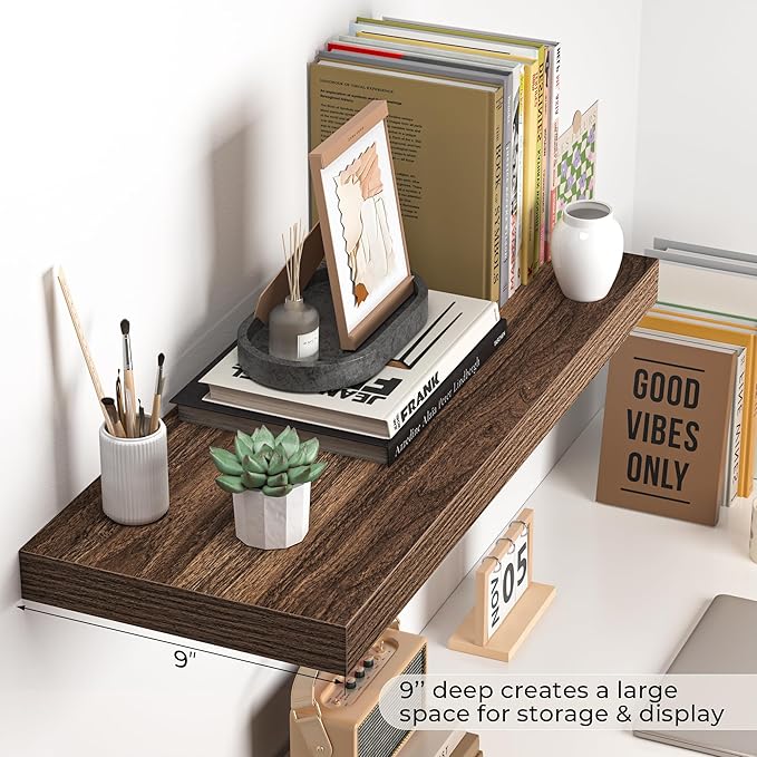 Fun Memories Floating Shelves - 24 Inch Rustic Wooden Wall Shelves - Extra Deeper & Thicker Wall Mounted Storage Shelf for Living Room, Kitchen, Farmhouse - 24"x 9"x 1.6" 2Pack, Walnut