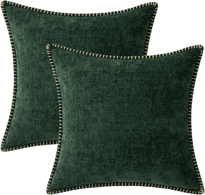 MIULEE Pack of 2 Christmas Pillow Covers 20x20 Inch Dark Green Farmhouse Decorative Throw Pillow Covers with Stitched Edge Soft Chenille Solid Dyed Couch Pillow Covers for Sofa Bed Living Room