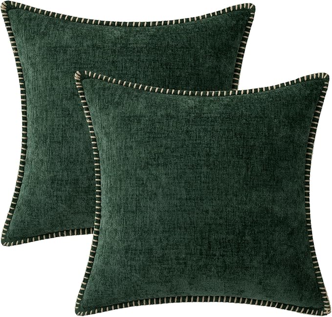 MIULEE Pack of 2 Christmas Pillow Covers 24x24 Inch Dark Green Farmhouse Decorative Throw Pillow Covers with Stitched Edge Soft Chenille Solid Dyed Couch Pillow Covers for Sofa Bed Living Room