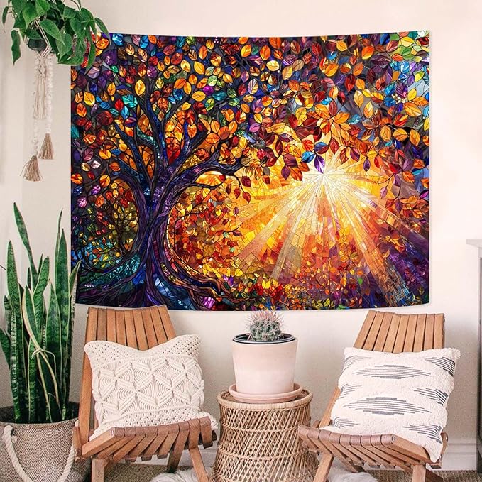 Lunerfex Tree of Life Tapestry Stained Glass Tapestry Wall Decor Tapestries for Bedroom Art Tapestries Wall Hanging for Bedroom Living Room Glass-Tree-03 70"x90"