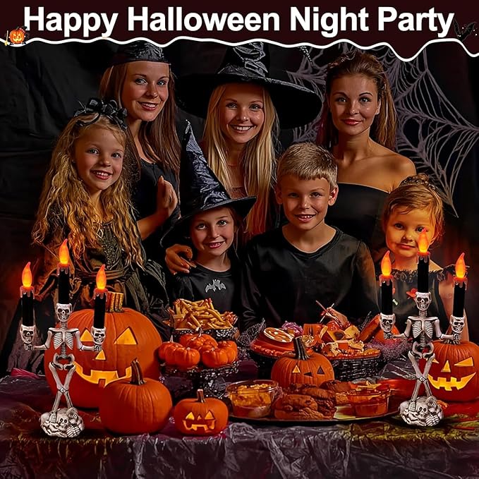 TURNMEON 2 Pack Halloween Candelabra with LED Flame Less Candles Holder Battery Operated Flickering Lights Skull Candles for Halloween Decorations Indoor Home Table Mantel Party Haunted Mansion Decor