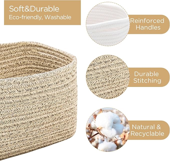 Small Cotton Rope Storage Basket Set of 3-11"x7"x7" Perfect Woven Baskets for Storage, Ideal Storage Baskets for Organizing Toys, Towels, and More - Baskets for Shelves and Home Decor（Beige）