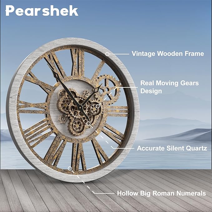 The B-Style Large Wall Clock 24 inch Moving Gear Wall Clock Oversized Vintage Farmhouse Wall Clocks for Living Room Decor Rustic Industrial Wood Clock (Silver Gray, 18 inch/46cm)