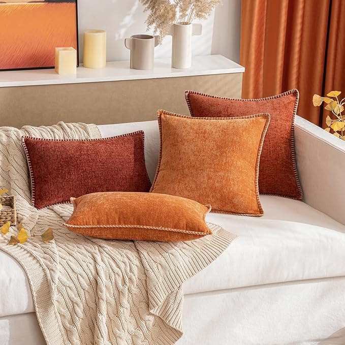 MIULEE Pack of 2 Fall Couch Throw Pillow Covers 18x18 Inch Burnt Orange Farmhouse Decorative Pillow Covers with Stitched Edge Soft Chenille Solid Dyed Pillow Covers for Sofa Bed Living Room