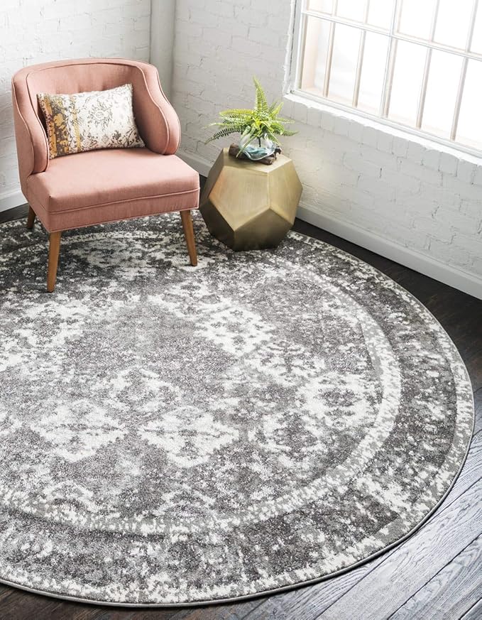 Unique Loom Rosso Collection Vintage, Traditional, Bohemian, Geometric, Distressed, Southwestern Area Rug, 3' 3" x 3' 3", Gray/Ivory