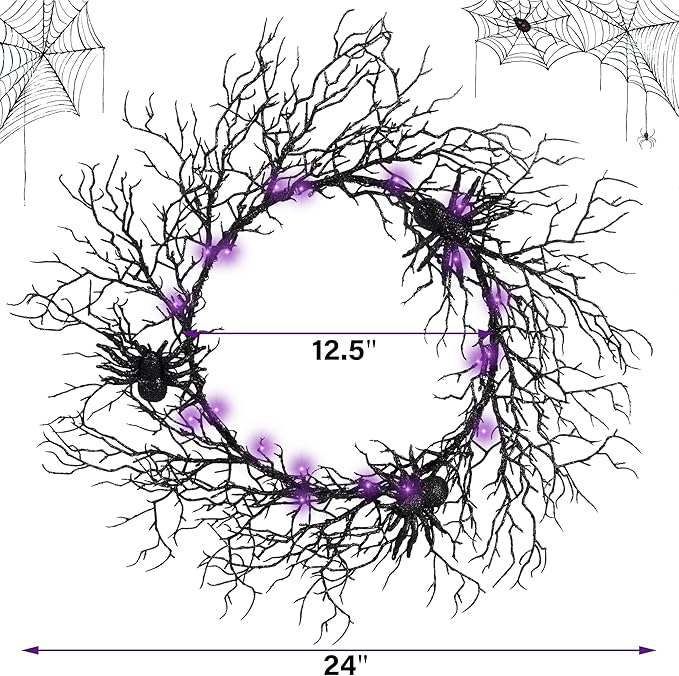 24 Inch Halloween Wreath for Front Door - Lighted Black Spider Wreath with Purple LED Lights, Outdoor/Indoor Spooky Decorations for Halloween Party, Porch, Holiday Home Decor