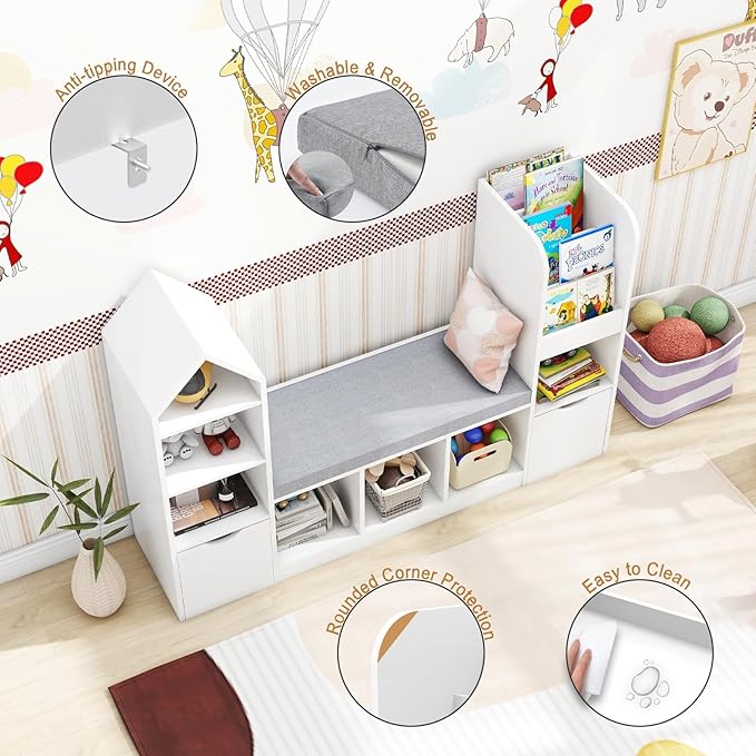 Vabches Kids Bookcase and Bookshelf with Reading Nook, Multifunctional Bookcase with 7 Storage Cubbies 2 Movable Drawers, Bookcases with Seat Cushion for Toy Storage Organizer Children's Room, Bedroom