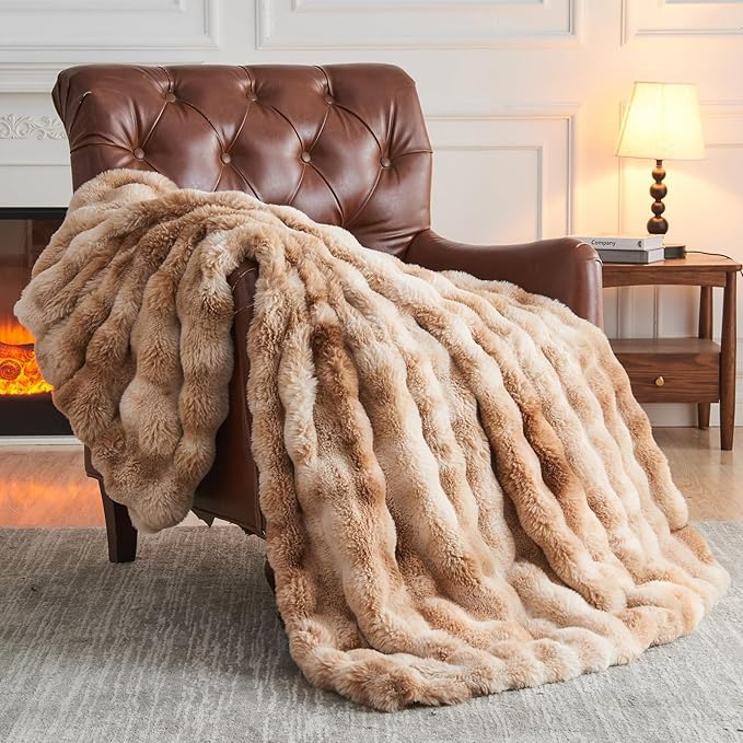 NEWCOSPLAY Faux Fur Throw Blanket Tie-dye Beige Luxury Fluffy Thick Warm Bubble Blanket for Couch Sofa Bed 700GSM (Tie-dye Beige, Throw(50"x60"))