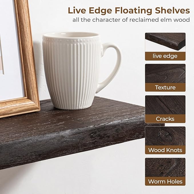Axeman 48 inch Floating Shelves for Wall - 8'' D Live Edge Rustic Solid Elm Wood Floating Shelves Wall Mounted, Hanging Shelves with Invisible Bracket for Living Room Bedroom Kitchen, Walnut
