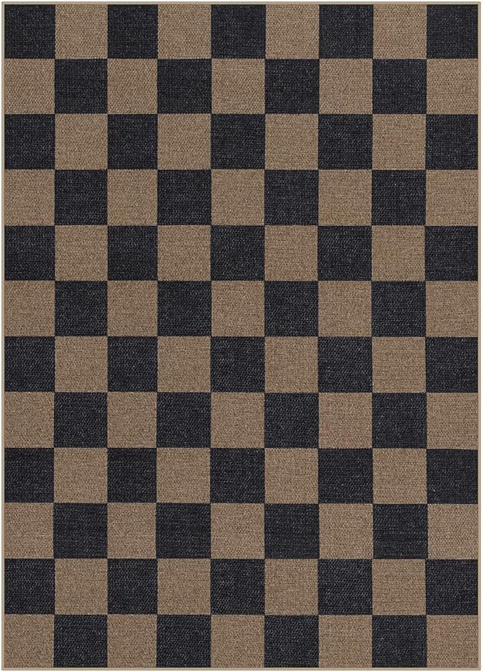 Lahome Checkered Easy Jute Living Room Rugs, 5x7 Black Dining Room Office Rug Farmhouse Washable Carpet, Checkerboard Neutral Non Slip Indoor Outdoor Carpet for Bedroom Entry Patio