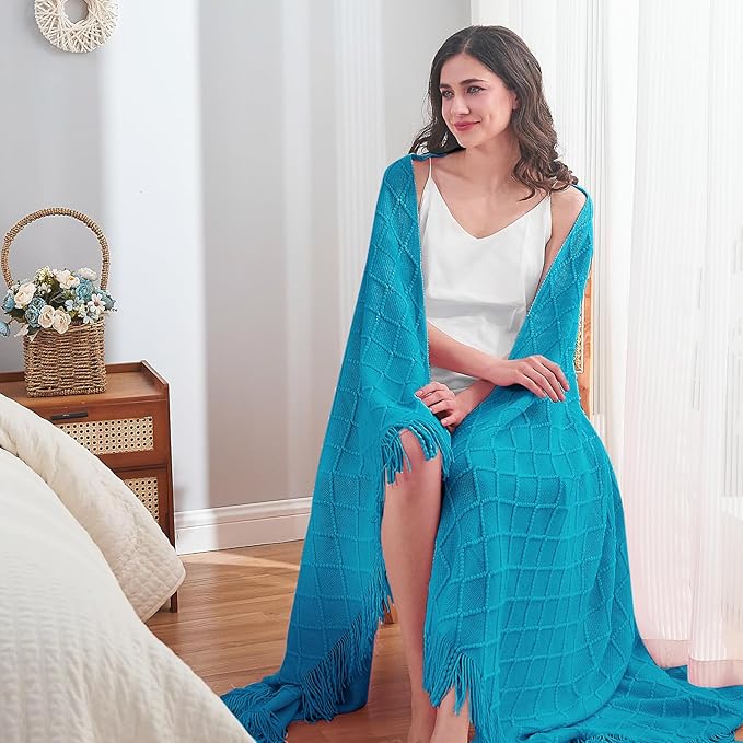 inhand Teal Throw Blanket for Couch and Bed, Soft Living Room Home Decor Knitted Blanket with Tassel, Outdoor Lightweight Breathable Summer Blanket, Farmhouse Warm Woven Decorative, 50"x60"