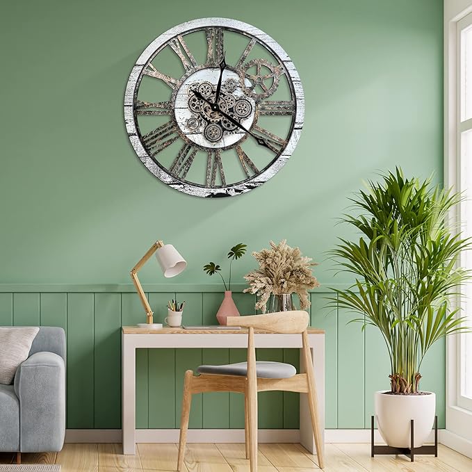 HOIBAI Large Wall Clock, Wall Clocks for Living Room Decor 36 Inch Farmhouse Vintage Rustic Kitchen Wall Decor Vintage Roman Oversized Wall Clock for Home Bedroom House, Moving Gears Clock