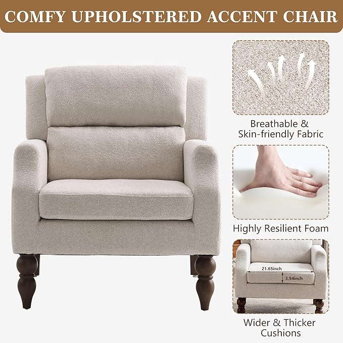 Kidol & Shellder Beige Oversized Accent Chair for Living Room Mid Century Modern Reading Chair with Back Wide Upholstered Comfy Single Sofa Chair for Bedroom Lounge Side Corner Boucle Fabric Armchair
