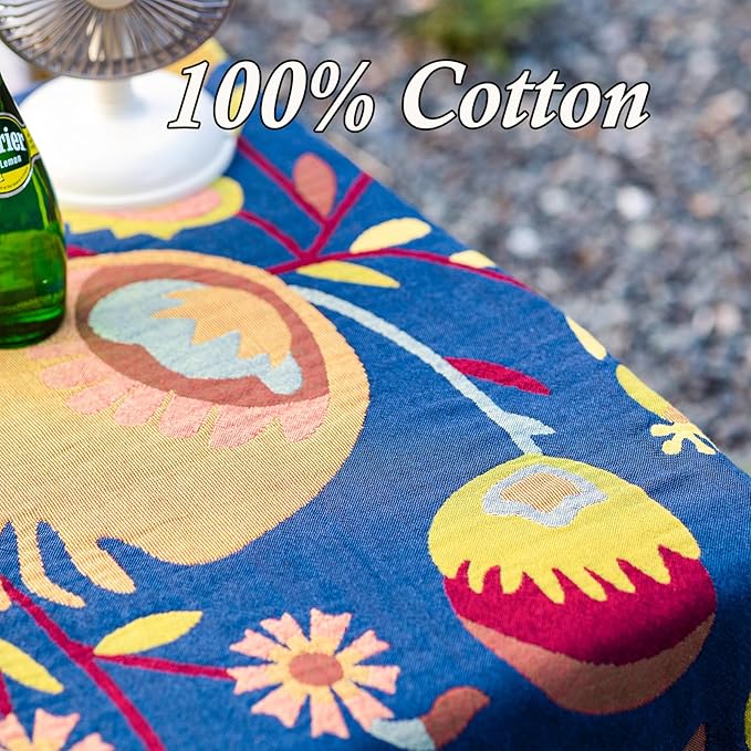 Snycler Boho Throw Blanket for Bed, 100% Organic Cotton Muslin Soft Throw-Blue Boho Floral Farmhouse Rustic Spring Summer Fall Decor Blanket for Couch Sofa Quilt and Gift, 80" x 90"