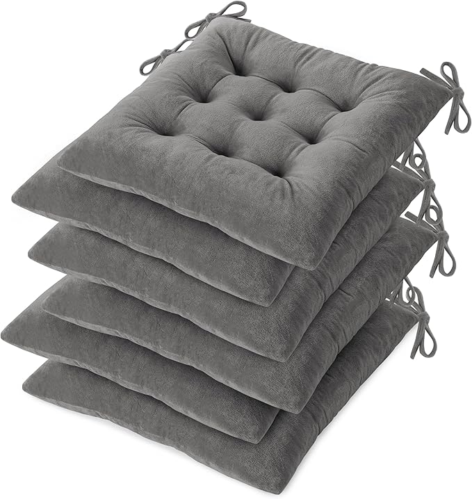 OVOV Chair Cushions for Dining Chairs Set of 6 Tufted Indoor Chair Pads with Ties Soft Square Seat Cushions for Kitchen Chairs 15.5"x15.5",Grey