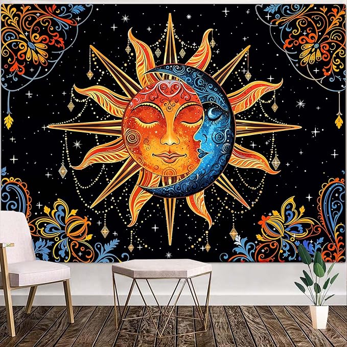 Lunerfex Sun and Moon Tapestry Mandala Wall Tapestry, Cute Tapestries for Bedroom Ceiling Tapestries Wall Hanging for Bedroom Living Room Decor Sun-1 70"x90"