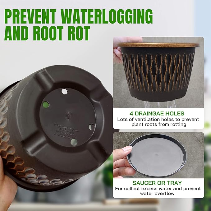 6 Pack 8 Inch Retro Plant Pots, Vintage Striped Flower Pots with Drainage Hole & Saucer, Large Plastic Planters for Indoor and Outdoor Plants, Decorative Garden Pots(Gold)