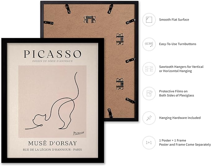 Poster Master Vintage Poster - Retro One Line Cat Drawing Print - Cat Art - Minimal Gift for Men, Women, Animal Lover - Abstract Wall Decor for Home, Office, Bedroom, 8x10 Black Framed