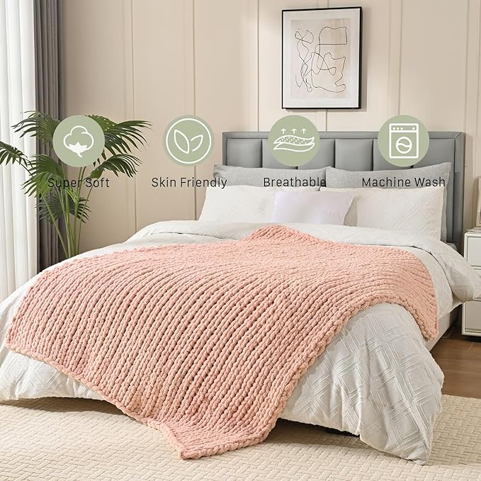 Esterra Chunky Knit Blanket Throw 60"x80", 100% Hand Knitted Chenille Throw Blanket, Cozy Soft Thick Cable Knit Throw Large Rope Knot Crochet Throw Blanket for Sofa Couch Bed, Dusty Pink