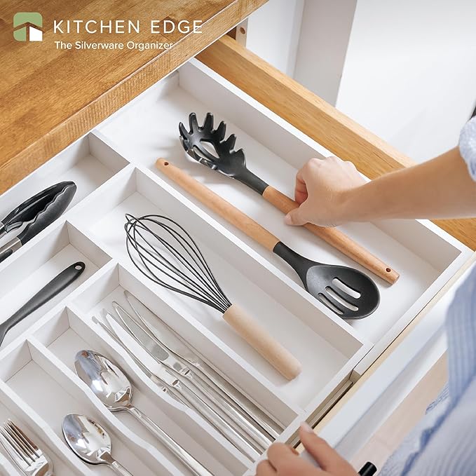 Premium Silverware, Flatware and Utensil Organizer for Kitchen Drawers, Food-Safe Contract Grade, Expandable from 16 to 28 In, White Bamboo
