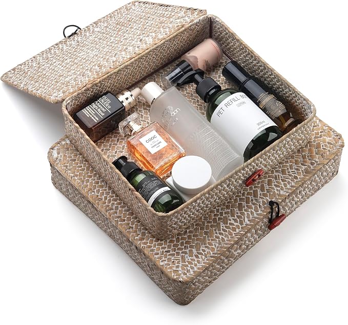 Whitewash Seagrass Basket with Lid Rectangular Decorative Storage Boxes for Shelf Organize Snack Toys Set of 2 (Large+Small)