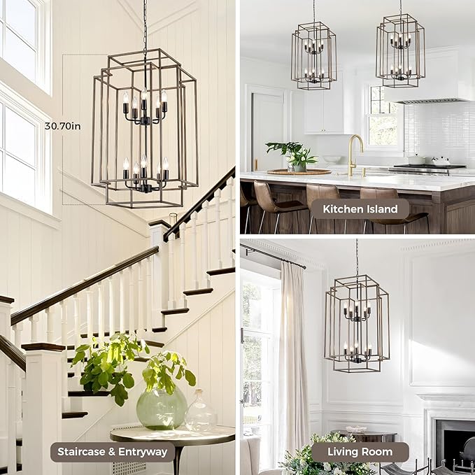 30" Black Farmhouse Chandelier, 10-Light Foyer Lighting Fixtures, Lantern Tiered Pendant Light Fixtures, Metal Wood Grain Finish Rustic High Ceiling Chandelier for Dining Room Entryway Staircase
